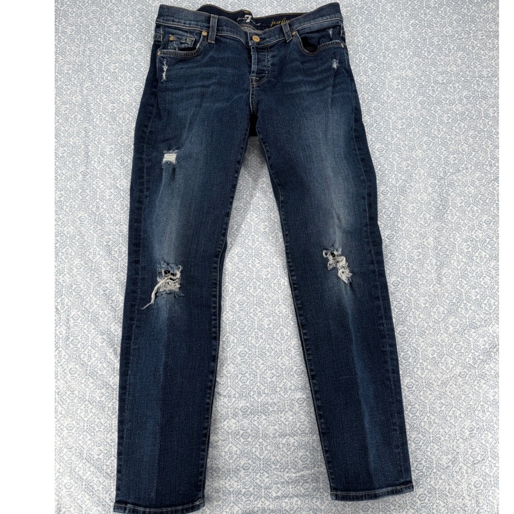 7 For All Mankind Josefina Skinny Boyfriend Distressed Dark Wash Jeans 28